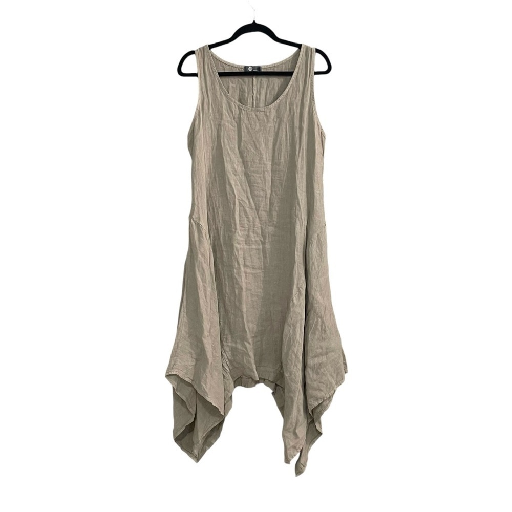 Made in Italy Linen Sleeveless Midi Handkerchief Dress Taupe Medium